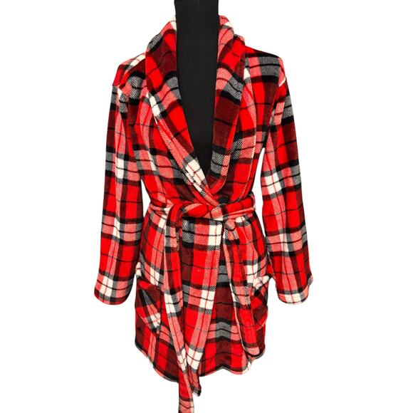Victoria's Secret PINK Black & Red Plaid Plush Super Soft Bathrobe - Picture 1 of 6
